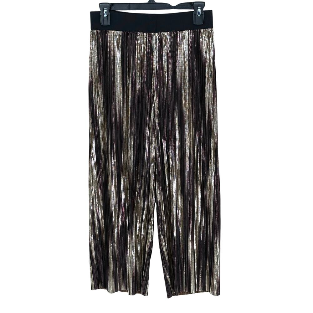 Alice + Olivia Pants Women Small Black Gold Metallic Elba Wide Leg Crop Festival